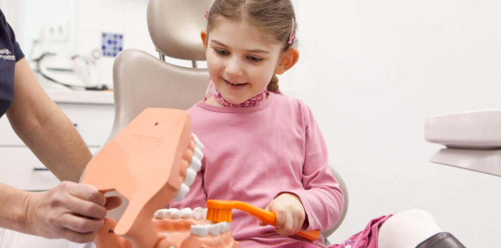 Kind putzt ein Gebissmodell mit einer großen orangen Zahnbürste